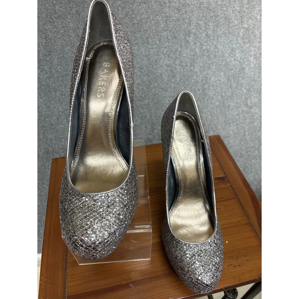 Bakers Melinasg Pewter Glitter Platform Pumps Stiletto Heels Silver 8.5M 3055